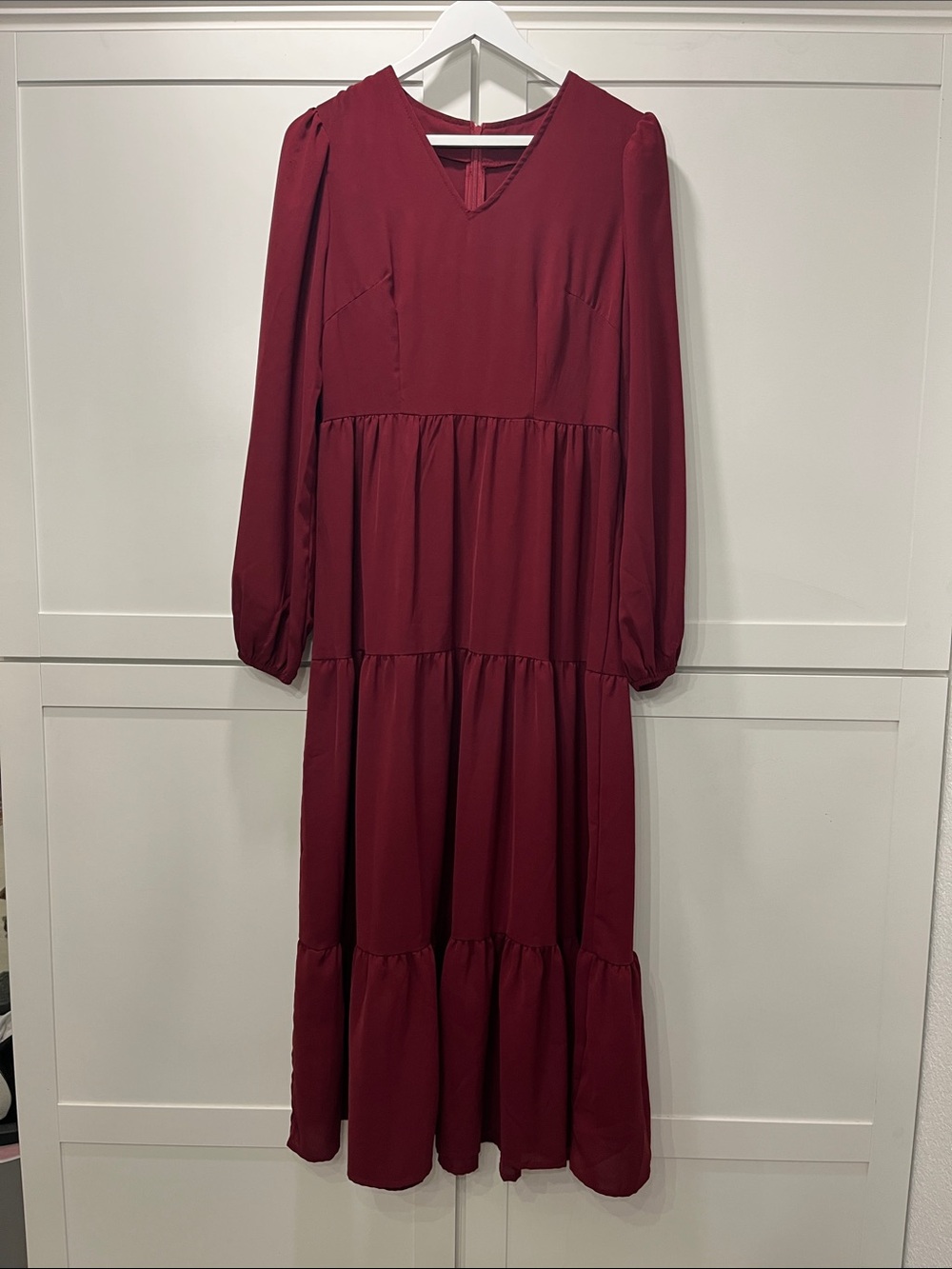 Fitted Bodice Burgundy Maroon Long Sleeve Tiered Maxi Dress - Curvy Fit